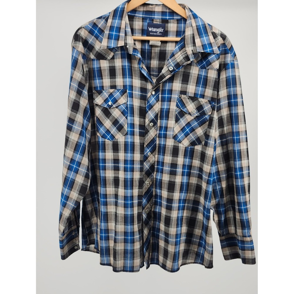 Wrangler Mens Western Pearl Snap Plaid Shirt Blue Black XXL Workwear
